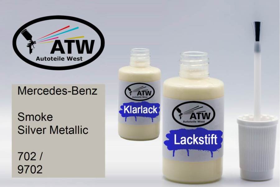 Mercedes-Benz, Smoke Silver Metallic, 702 / 9702: 20ml Lackstift + 20ml Klarlack - Set, von ATW Autoteile West.